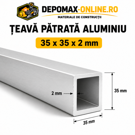Teava patrata aluminiu 35 x 35 x 2 mm, 6 metri (EN AW-6060)